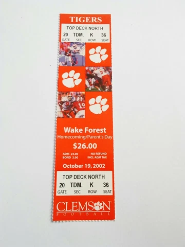 2002 Clemson Tigers Wake Forest Football Full Unused Ticket Stub Cover