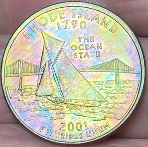 2001 D Rhode Island State Quarter Lustrous Gold/Rainbow Toned Coin #41 - Picture 1 of 14