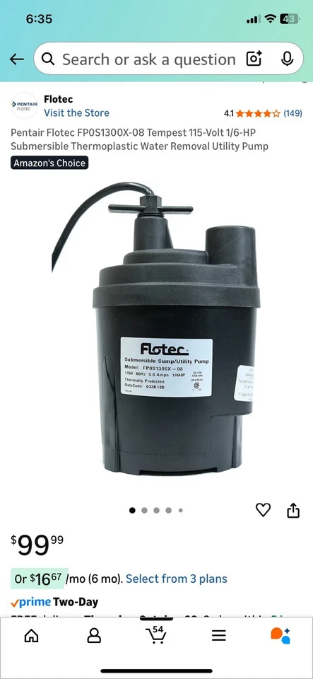 Termoplástico sumergible Pentair Flotec FP0S1300X-08 Tempest 115 voltios 1/6 HP Foto 1 de 1