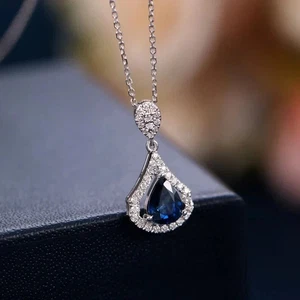 1.2 CT Pear Cut Lab Created Blue Sapphire Pendant Necklace 14K White Gold - Picture 1 of 3