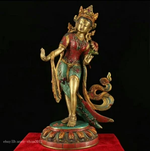 38cm collect Old Tibet Buddhism Brass Handmade Green Tara Kwan-yin Statue AZYC - Picture 1 of 9