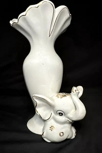 Vase Baby Elephant Trunk Up 8" Ceramic White w/Gold-Color Accent Lucky Flowers - Picture 1 of 14