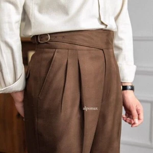Hochtaillierte gerade Hose Vintage italienisches Leinen Herren Gurkha Businesshose - Bild 1 von 27