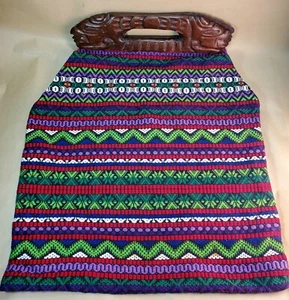 Vintage Wood Handle Ethnic Boho Purse Sewing Knitting Bag - Picture 1 of 5