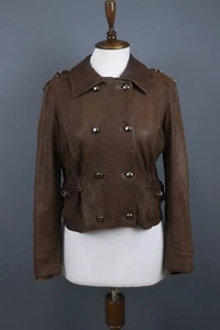 MAX MARA Brown Leather Double Breasted Buckled Cropped Jacket Size 8 - Picture 1 of 24