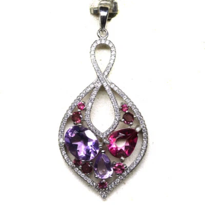 Gemstone Purple Amethyst, Topaz, Rhodolite & Zircon Pendant 925 Silver  - Image 1 of 4