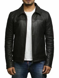 Leather Jacket Men Motorcycle Biker S Real Black Vintage Retro Slim Fit Mens 57 - Picture 1 of 6