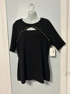 Top SS I.N.C nero a costine con scollo a borchie oro taglia XXL nuovo con etichette - Foto 1 di 4