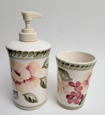 SKL WW Set of 2 Pink Floral Porcelain Bathroom Set -Cup & Soap Dispenser Ceramic - Image 1 of 4