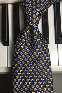 ROUNDTREE & YORKE / Tiny Tortoise March in Rows of Blue & Yellow Pure Silk Tie - Picture 1 of 7