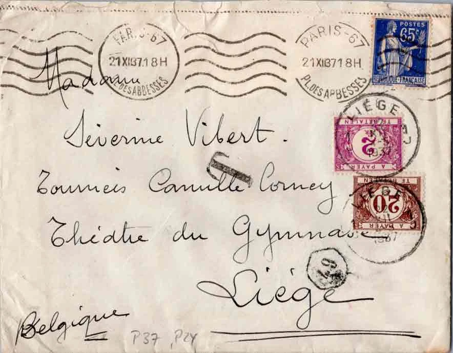 Bélgica Francia 65c Paz Holding Rama de Olivo 1937 París 67, Pl. des Abbesses to Foto 1 de 1