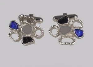 Vintage Christine Dior Cufflinks Modernist Flower Blue Enamel Silver Tone 1970s - Picture 1 of 6