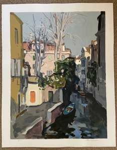 Elio LAZZARI LARGE RIVER LANDSCAPE lithograph print artwork VENICE ITALY ART - Picture 1 of 4