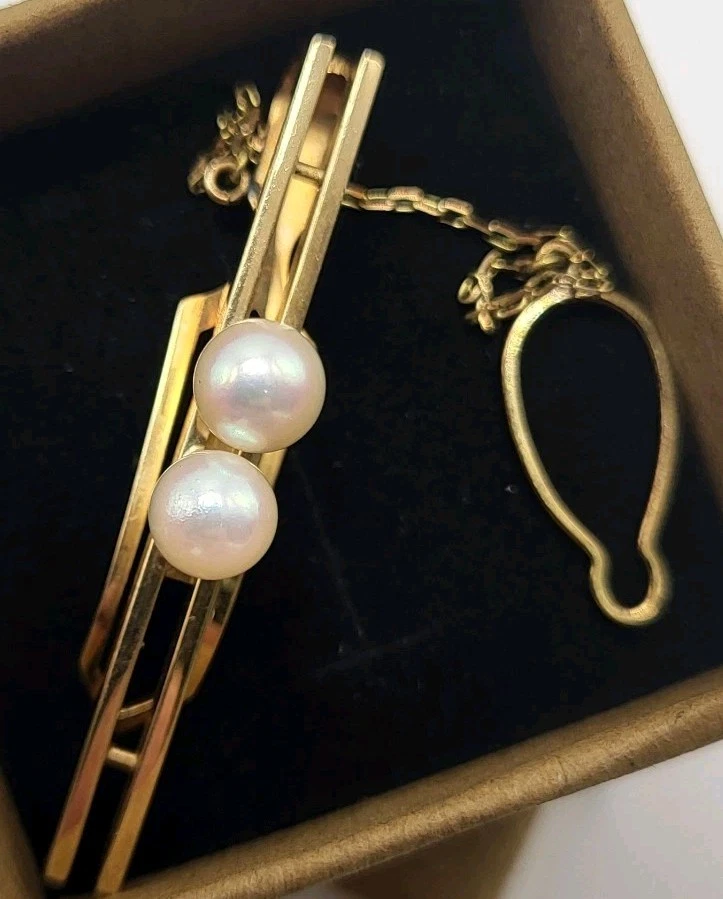 14k Wako Solid Yellow Gold Tie Clip Japan Vintage 4.2 Grams 5.55 mm Pearls RRP  - Image 1 of 4
