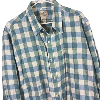 L.L. Bean Plaid Linen Shirt Slightly Fitted Mens XL Blue White Coastal Preppy - Image 1 of 4