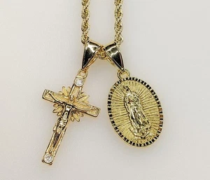 Dijes Colgantes Doble Cruz Virgen María 3mm Chapado Collar Virgen María Cruz - Imagen 1 de 8