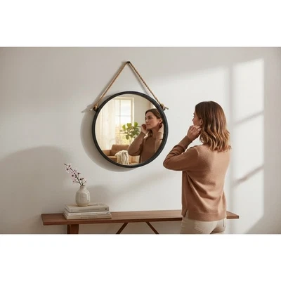 Espejo de pared colgante redondo marco negro cuerda boho decoración de granja Foto 1 de 4