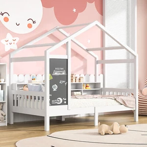 90x200cm Hausbett Kinderbett Stauraumbett Kiefer Lattenrost Gitter mit Tafel.* - Bild 1 von 12