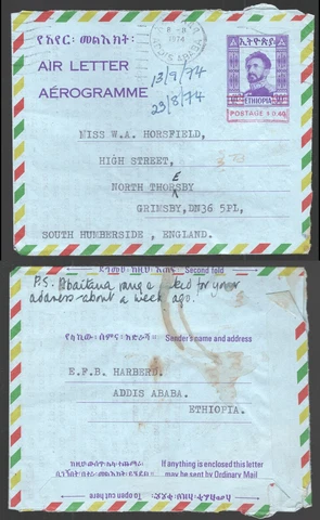 1974 Ethiopia Addis Ababa 40c on 30c Air letter to England Cover