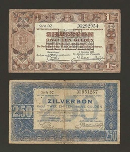NETHERLANDS 1 & 2 1/2 Gulden 1938, P-61 & 62 Zilverbon, 292954 & 951267.  C5 - Picture 1 of 2