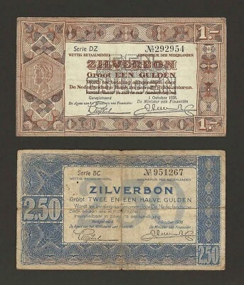 NETHERLANDS 1 & 2 1/2 Gulden 1938, P-61 & 62 Zilverbon, 292954 & 951267.  C5 - Image 1 of 2