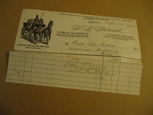 H S Stewart stables horses boarded 1909 BALTIMORE MD billhead - Picture 1 of 1