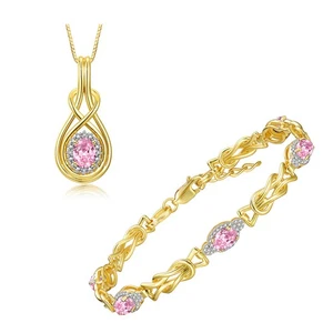RYLOS  GOLD PLATED SILVER PINK ICE & DIAMOND LOVE KNOT BRACELET & PENDANT SET - Picture 1 of 6