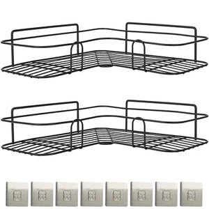 2Pcs Wall Corner Shower Shelf w/ 8 Adhesive Hooks - Black - Picture 1 of 1