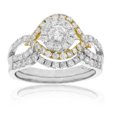 1 ct Diamond Wedding Ring Bridal Set for Women 14K White and Yellow Gold Round - Image 1 of 4