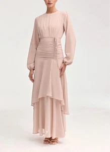 NWT Veiled New York Women’s Chiffon Ruffles Rouched Pink Maxi Lined Dress XL - Picture 1 of 12