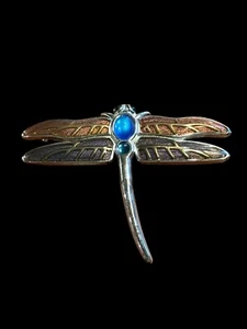 Vintage Signed Monet Dragonfly Pin Brooch Rhinestone Cabochon Enamel Silver Tone - Picture 1 of 6
