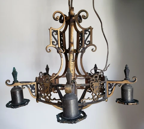 Ornate Antique Cast Iron Japanned Victorian Deco Nouveau Chandelier Vtg Fixture Cover