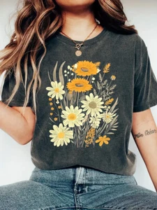 Women T-Shirt Daisies Flowers Crew Neck Floral Design Casual Short Sleeve 04474 - Picture 1 of 7