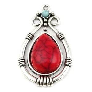 5 Boho Chic Drop Shaped Antique Silver Tone Pendants & Red Imitation Turquoise - Picture 1 of 2