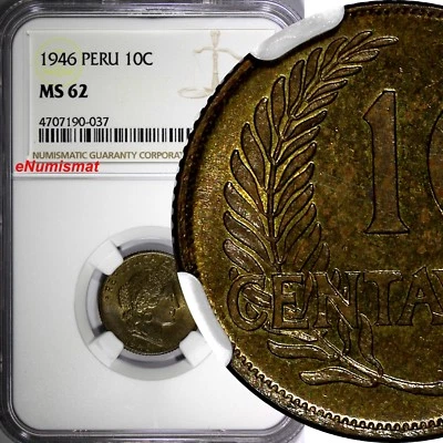 PERU Brass 1946 10 Centavos NGC MS62 Toned TOP GRADED BY NGC KM# 224.1 (037) - Image 1 of 4
