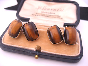 Antique Art Deco era France Sterling Silver Tiger Eye Cabochon Cufflinks Buttons