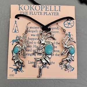 Southwestern Flute Player Necklace Earrings Set Kokopelli Blue Green Silver Tone - Picture 1 of 7