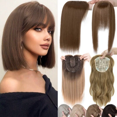 100% Real As Human Remy Hair Women Topper Toupee False Piece Clip In Silky Based - Image 1 of 4