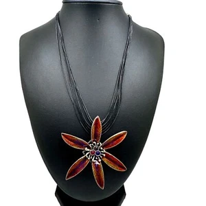 Chico's Necklace Jewlery Large Flower Floral Orange Silver Tone Multistrand Cord - Picture 1 of 8