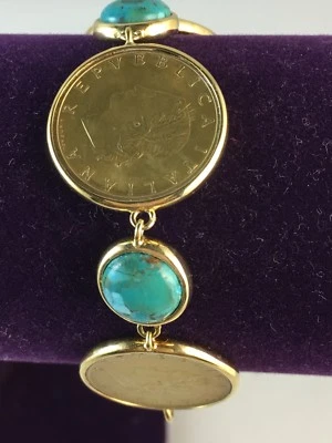 Pulsera BELLEZA LIRA Moneda Turquesa Bronce 7 Estaciones ~ M/L Foto 1 de 4