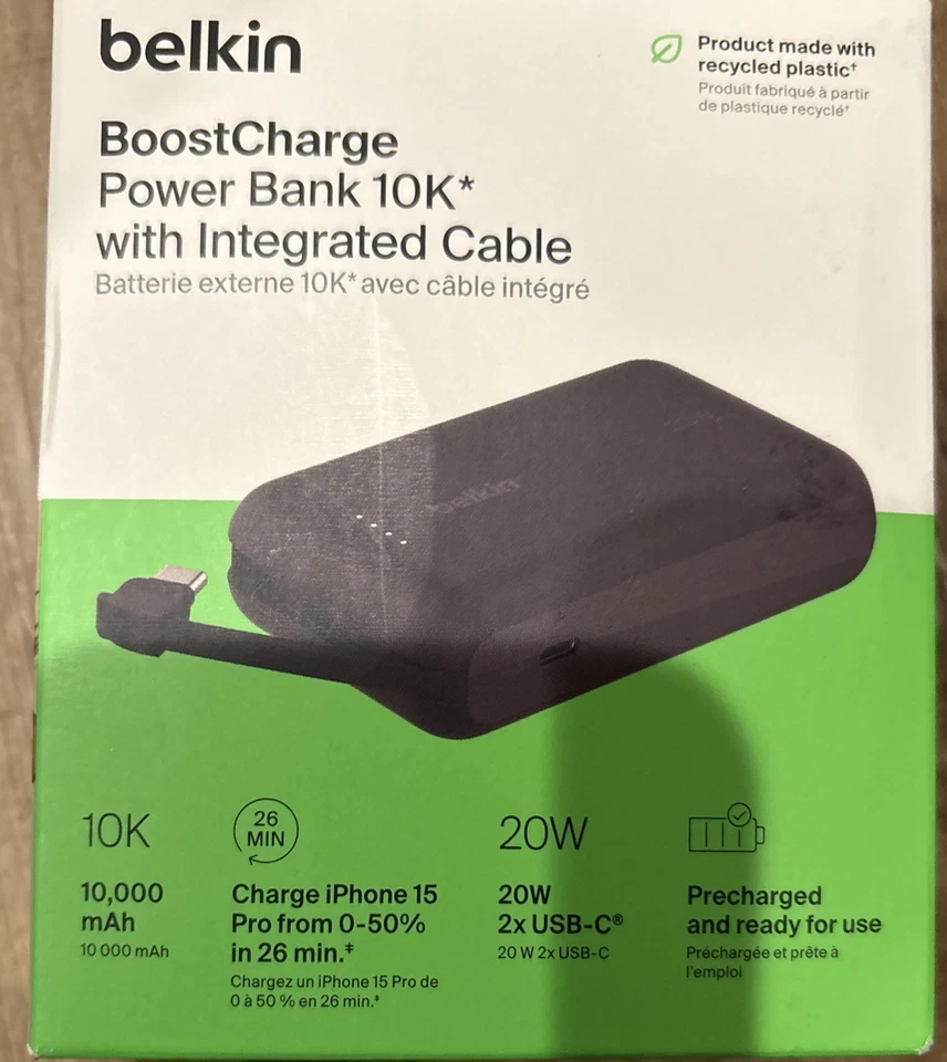 Banco de alimentación Belkin BoostCharge negro sin usar 10K con cable USB-C integrado BPB021 Foto 1 de 1