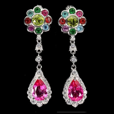 925 Sterling Silver Earrings Pear Pink Topaz 12x8mm Peridot Topaz Gemstone - Image 1 of 4