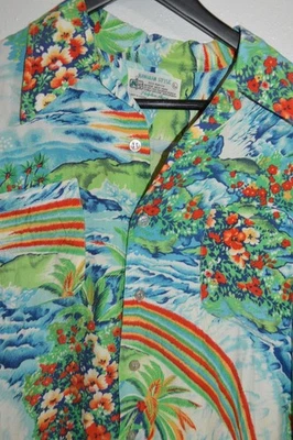 Vintage 70s Kmart Hawaiian Button Down Shirt RAINBOW Adult Size L Floral Rayon - Image 1 of 4