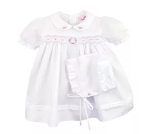 NWT Petit Ami White Pink Smocked 3PC Dress 9M 9 Months Baby Girls Bonnet - Picture 1 of 3