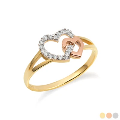 Anillo de amor CZOpen de oro de dos tonos con doble corazón (disponible en oro amarillo/rosa/blanco) Foto 1 de 4