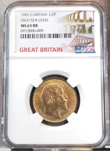 1902 GREAT BRITAIN 1/2 PENNY HIGH SEA LEVEL NGC MS 63 RB SCARCE RED BROWN - Picture 1 of 3