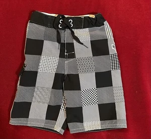 Micros Boy's Adjustable Waist Black & White Plaid Swimming Shorts Size: 4 - Picture 1 of 10