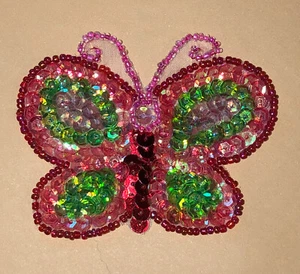 Butterfly Patch - Pink & Green - Sequins (iron-on) 3 inches x 2 1/4 inches - Picture 1 of 6