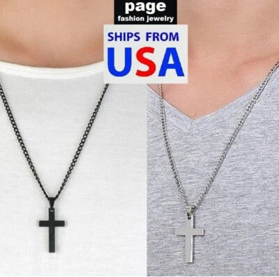 Acero Inoxidable - Hombre/Mujer - Negro/Plateado - Colgante Cruz - Collar Cadena 18" Foto 1 de 2