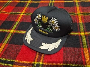 Vtg Germany White Leaf EdelweisFlower Black Mesh Trucker SnapBack Hat Cap  - Picture 1 of 4